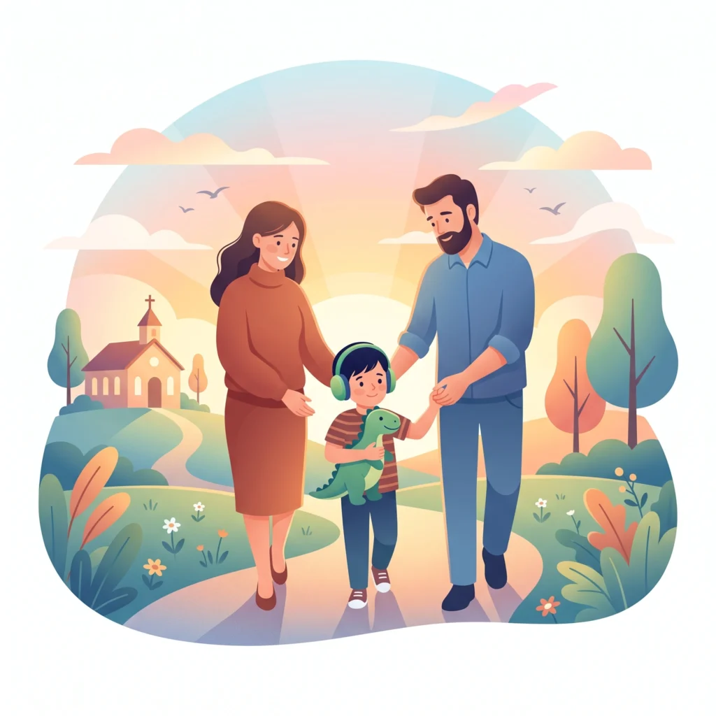 Un amanecer suave iluminando a una familia unida sosteniendo tiernamente unas manos pequeñas