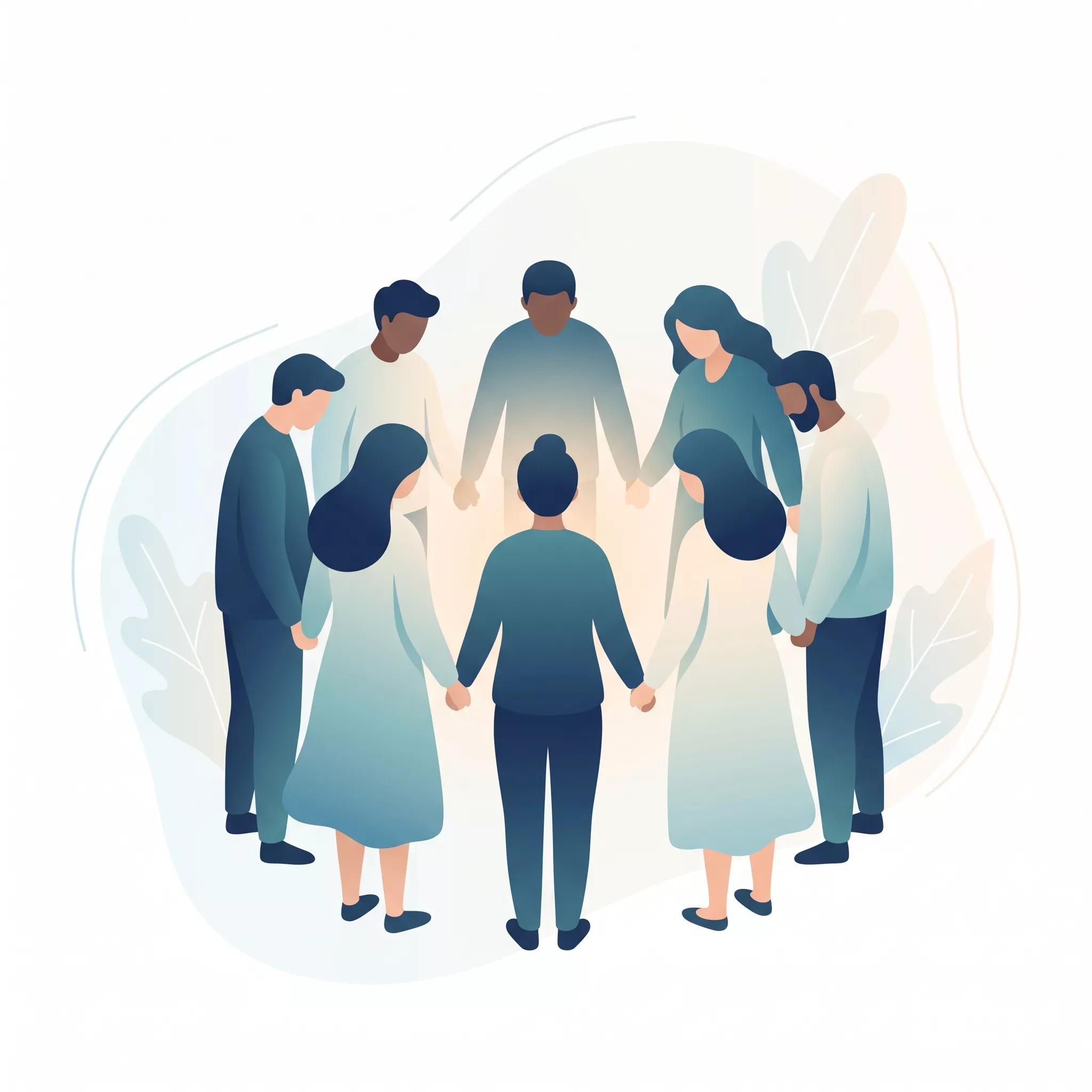 Grupo de personas orando juntas en círculo, representando la comunidad y el apoyo fraternal