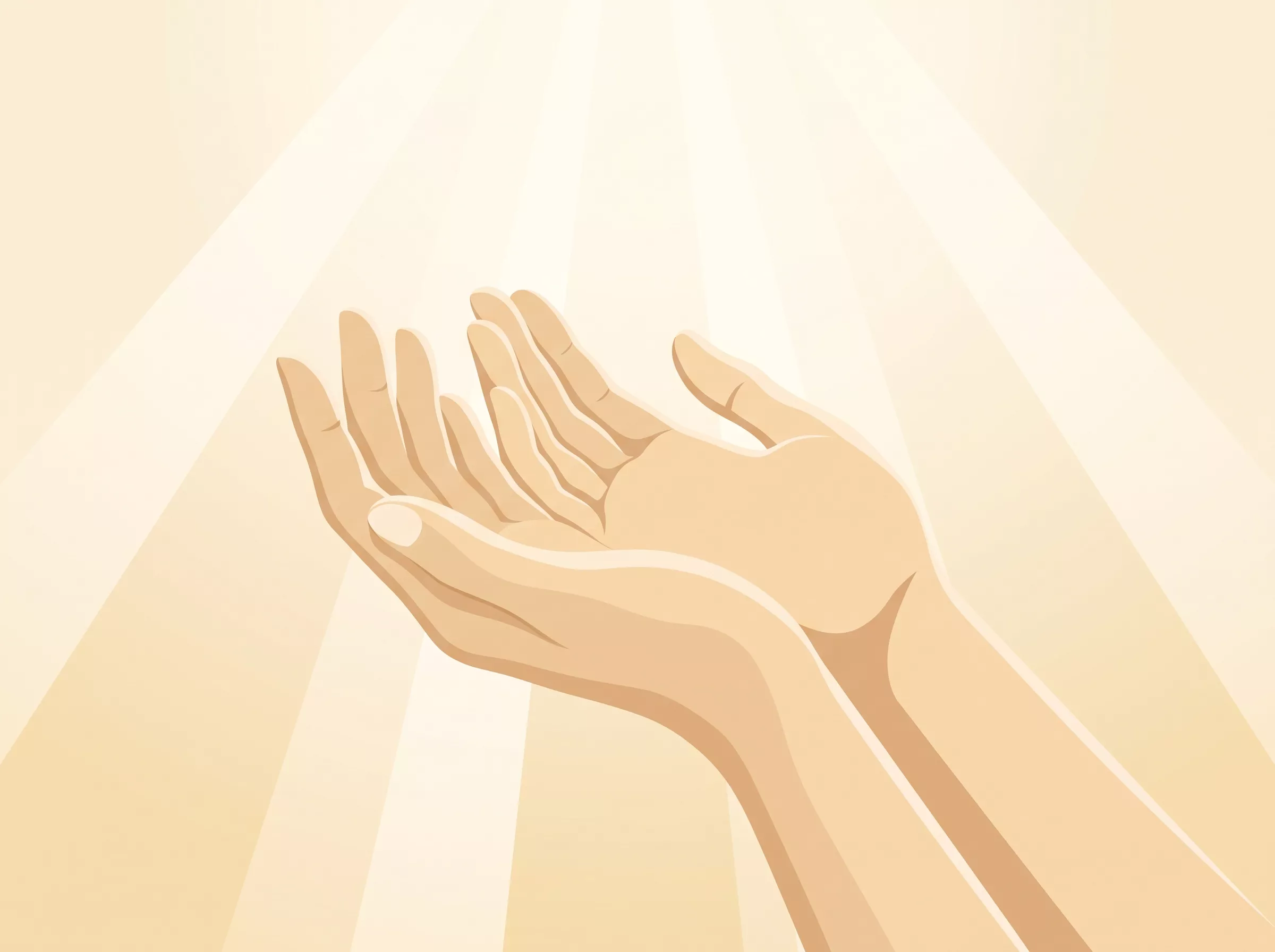 Manos suavemente abiertas hacia arriba, iluminadas por un rayo de sol suave, en actitud de entrega y oración.