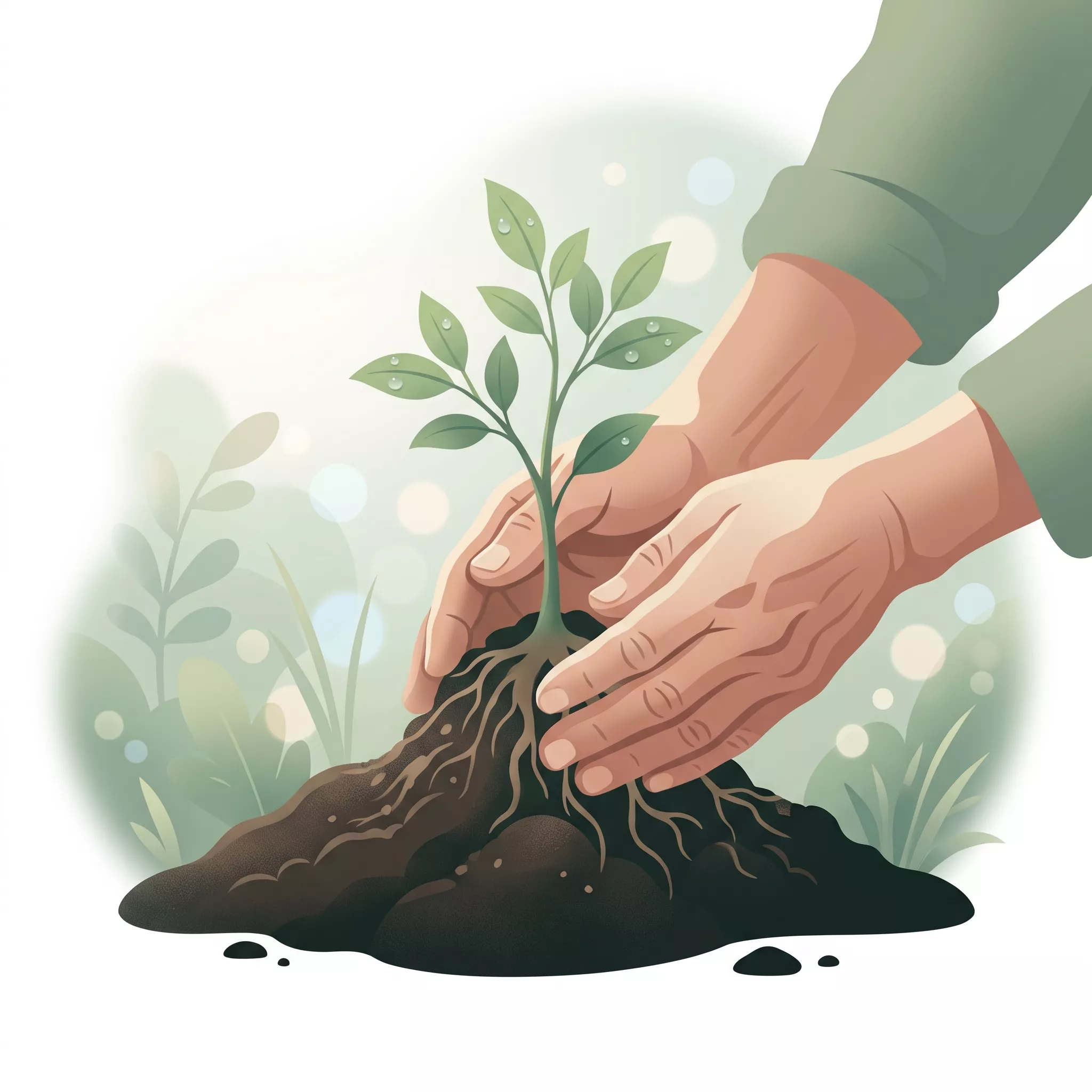 Manos fuertes plantando un árbol joven con esperanza