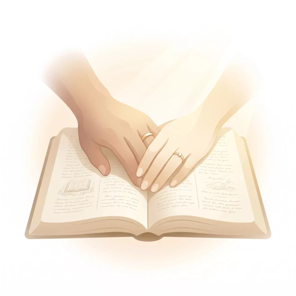 Dos manos entrelazadas con alianzas matrimoniales descansando sobre una Biblia abierta bajo una cálida iluminación matutina.