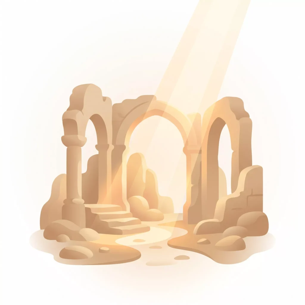 Un tabernáculo antiguo o ruinas de piedra siendo iluminadas por un fuerte rayo de luz cálido desde arriba