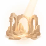 Un tabernáculo antiguo o ruinas de piedra siendo iluminadas por un fuerte rayo de luz cálido desde arriba