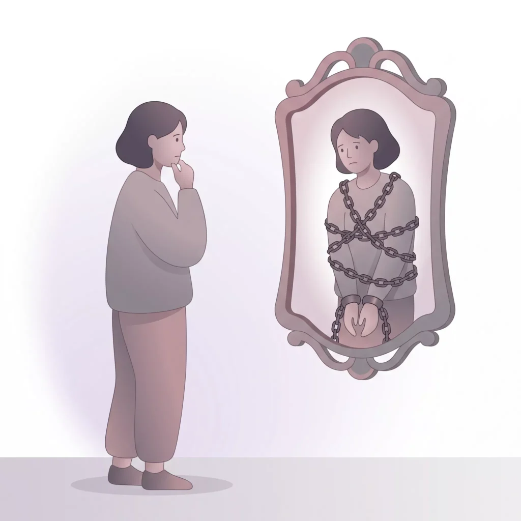 Persona mirando su reflejo en introspección