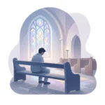 Una fotografía de una persona sentada de espaldas en una banca de iglesia vacía, iluminada por una luz suave o un vitral. Debe transmitir quietud, vulnerabilidad y reflexión profunda.