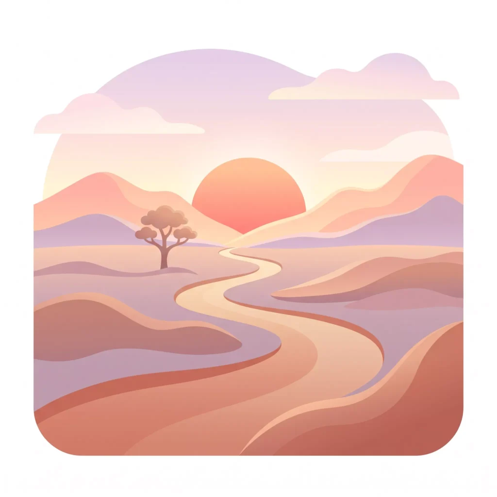 Amanecer sobre un camino desierto, simbolizando el inicio del viaje hacia la libertad espiritual